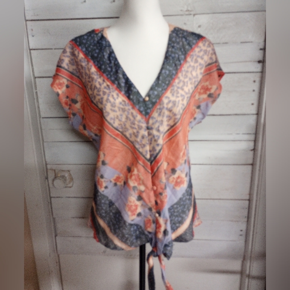 Bobeau Women's Boho Floral Tie Front Blouse Top Medium Multicolor Kimono Sleeve